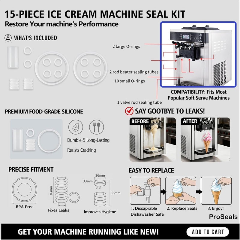 FixoTech 15-Piece Soft Serve Ice Cream Machine Repair Kit – O-Rings, Gaskets, Seals & Tubes for VEVOR, YIKAFU | Premium Food-Grade Silicone, Leak-Resistant, Easy Installation for Commercial & Home Use - Image 2